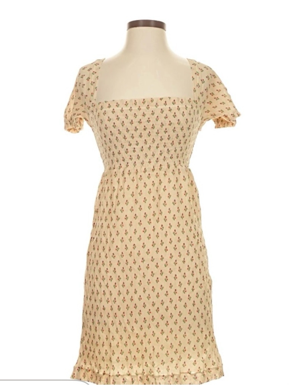 Sezane Cream Floral Smocked Square-Neck Midi Dress